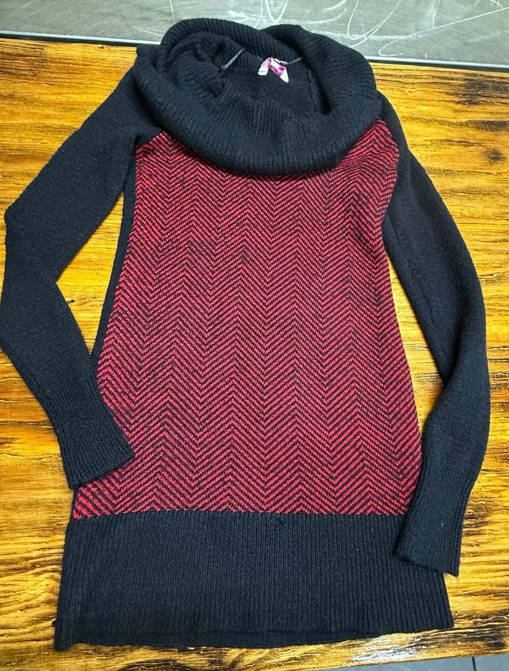 Candie's Cowl Neck Sweater Dress Black Red Herringbone